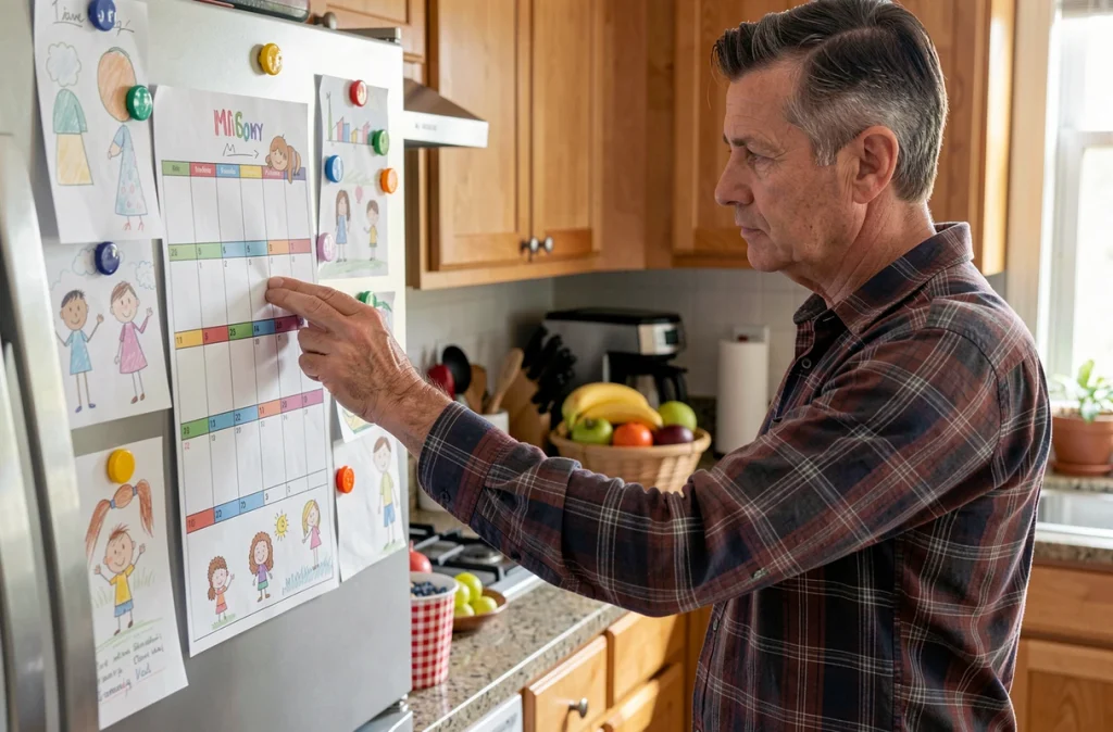 Père de famille accrochant un planning mensuel imprimé sur la porte du réfrigérateur avec des aimants colorés