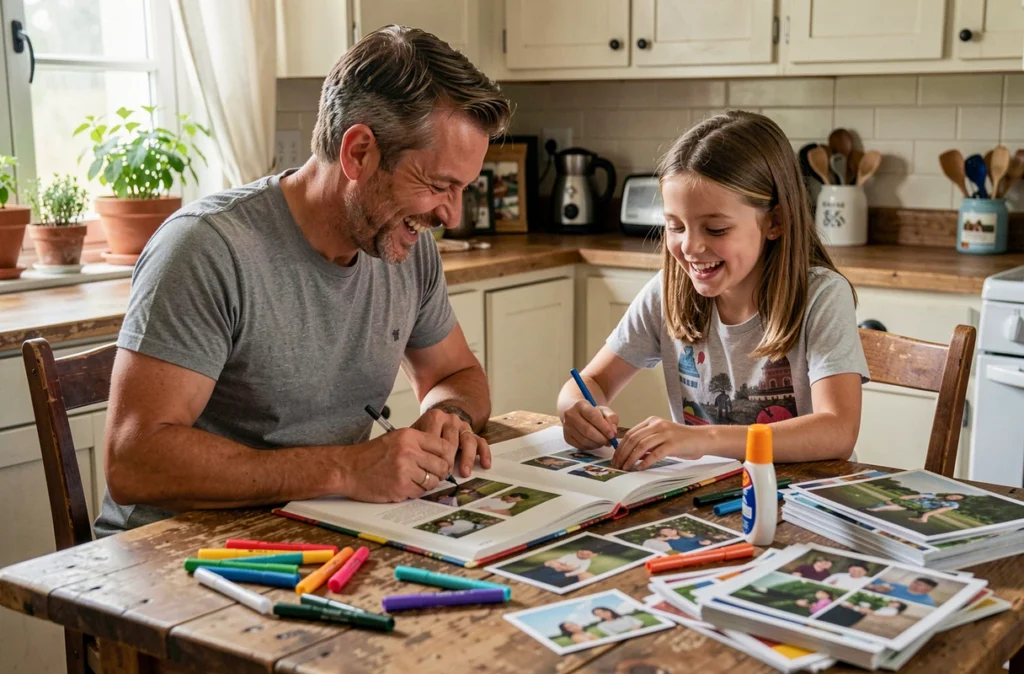Père et fille créant ensemble un album photo souvenir à la table de la cuisine familiale
