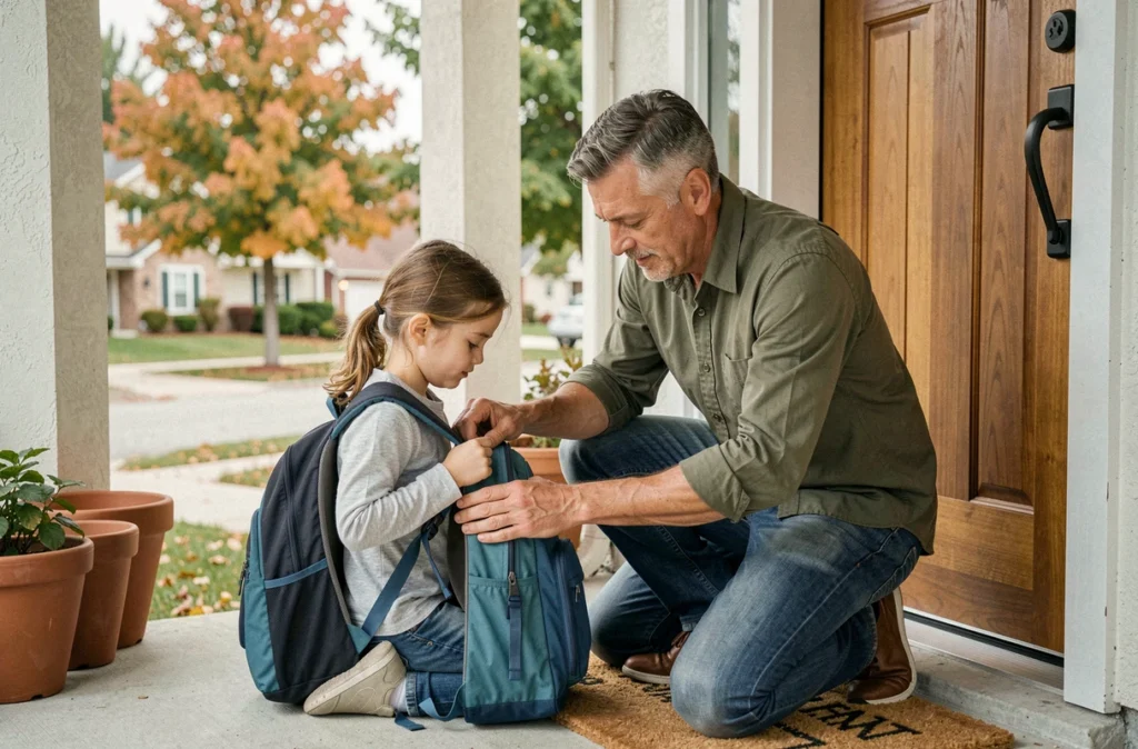 Père aidant sa fille à préparer son sac d'école devant la maison le matin de la rentrée