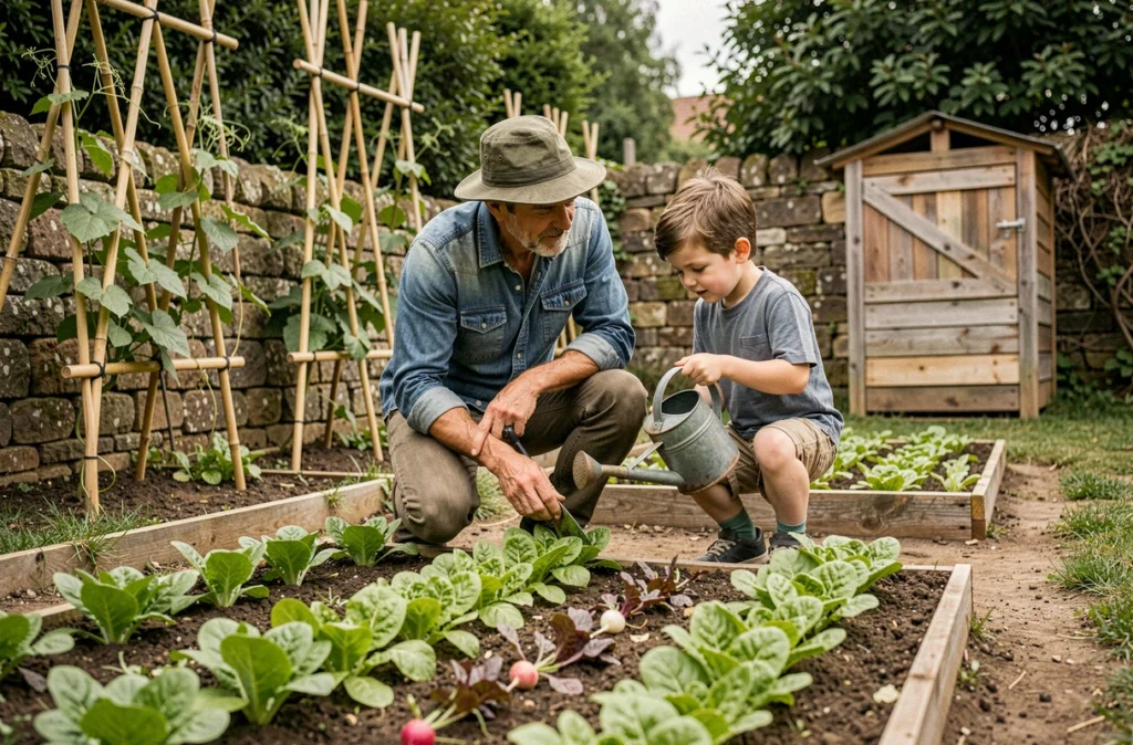 Père et fils arrosant des rangées de laitues et radis dans un potager familial, jardin ensoleillé