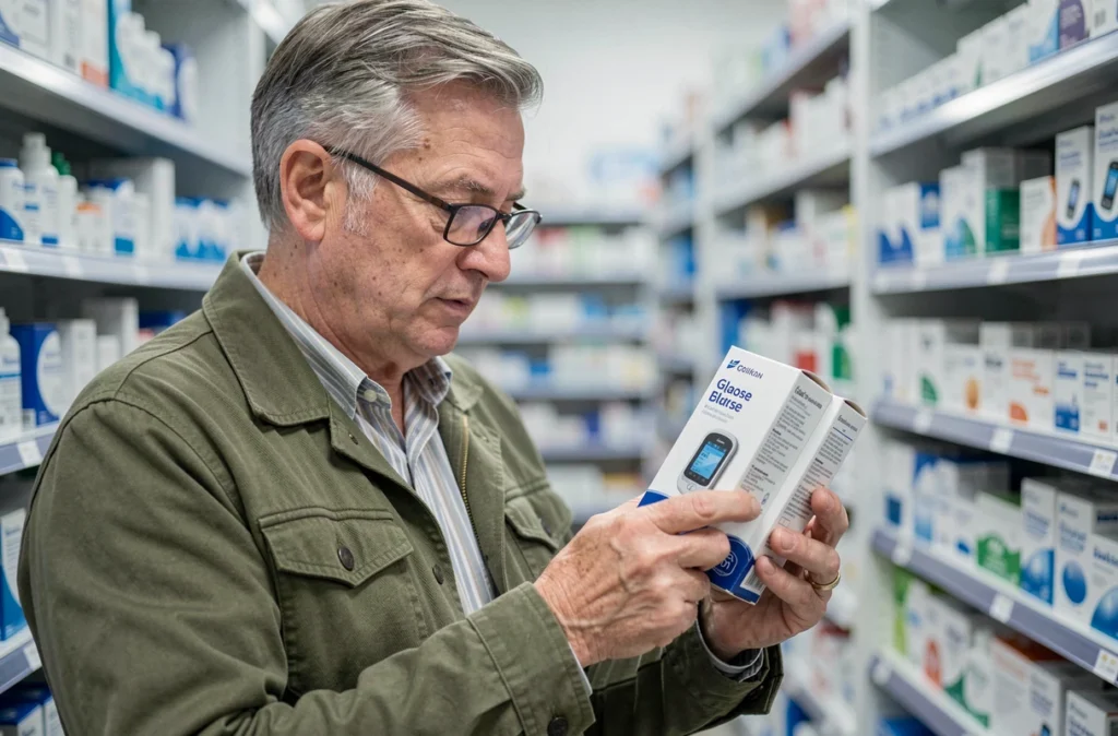 Homme de 55 ans en pharmacie examinant un kit de surveillance de la glycémie pour détecter les signes du diabète de type 2