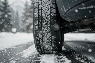 Gros plan sur le pneu hiver d'un SUV garé sur une route enneigée en montagne, révélant la texture des lamelles et la sculpture profonde du pneu