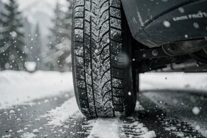 Gros plan sur le pneu hiver d'un SUV garé sur une route enneigée en montagne, révélant la texture des lamelles et la sculpture profonde du pneu
