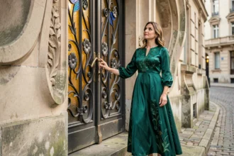 Femme en robe de soie verte admirant une porte Art Nouveau en fer forgé et vitraux colorés sur une rue pavée européenne