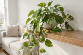 Plante pothos aux feuilles vertes et jaunes en cascade sur une étagère en chêne dans un salon scandinave épuré