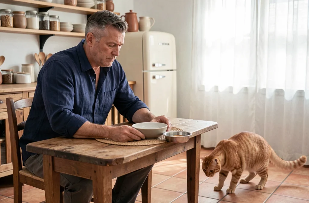Homme préparant l'espace de vie et les gamelles pour accueillir un jeune chat dans une cuisine familiale, étape clé de l'intégration d'un animal de compagnie