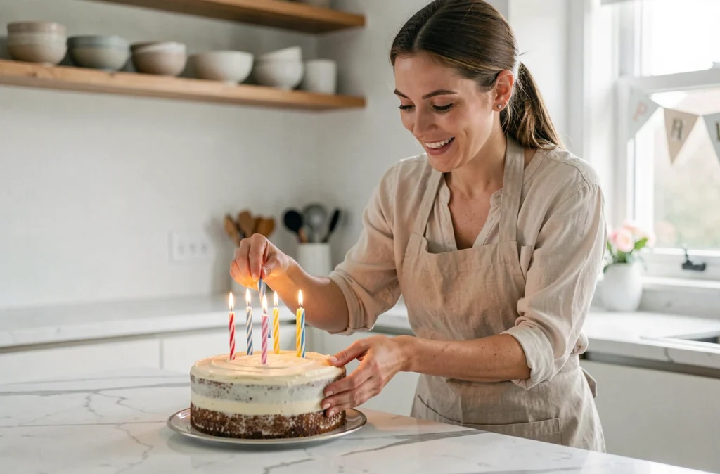 Mère préparant un gâteau d'anniversaire fait maison dans une cuisine moderne