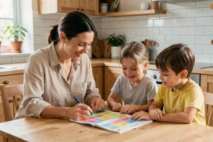 Mère et enfants planifiant la rentrée scolaire autour d'une table en bois avec un agenda coloré