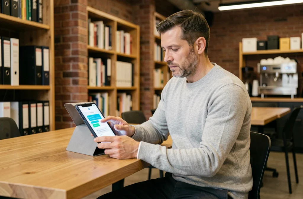 Professionnel interagissant avec un chatbot RH basé sur l'intelligence artificielle sur une tablette dans un espace de coworking