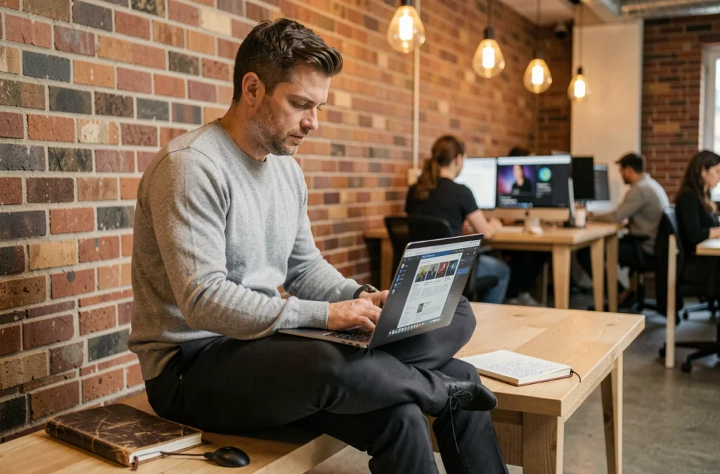 Professionnel de la communication travaillant en autonomie sur des outils digitaux dans un espace de coworking contemporain