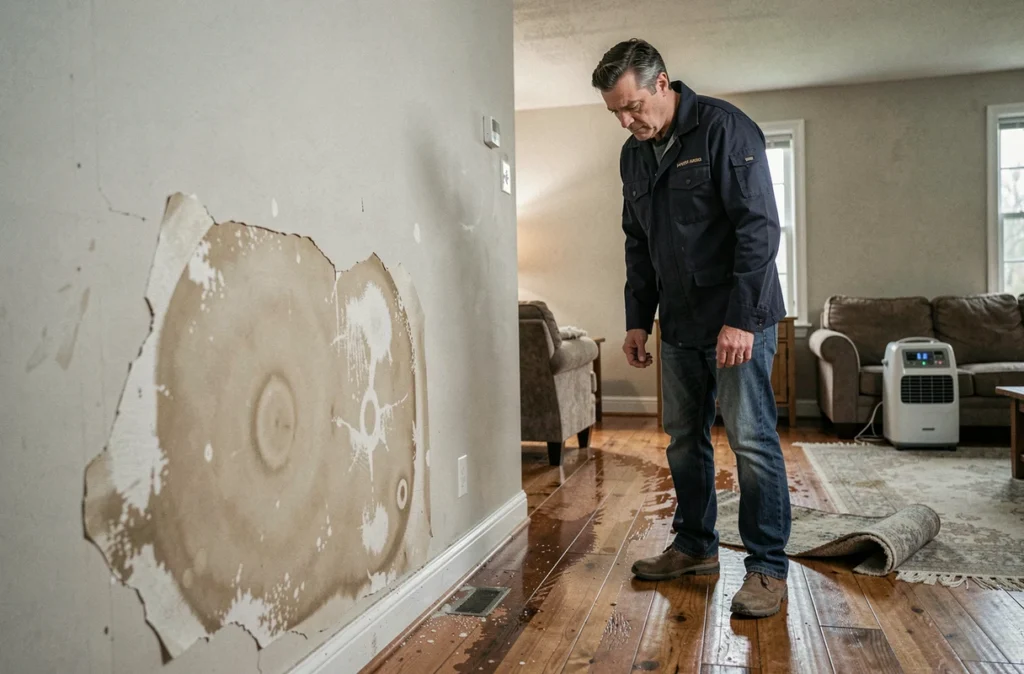 Propriétaire inspectant des dégâts des eaux dans le salon de sa maison après un sinistre