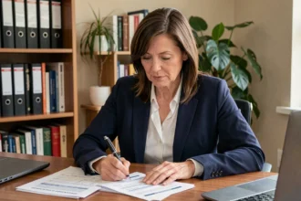 Femme propriétaire qui examine des documents fiscaux liés à ses revenus locatifs dans un bureau à domicile