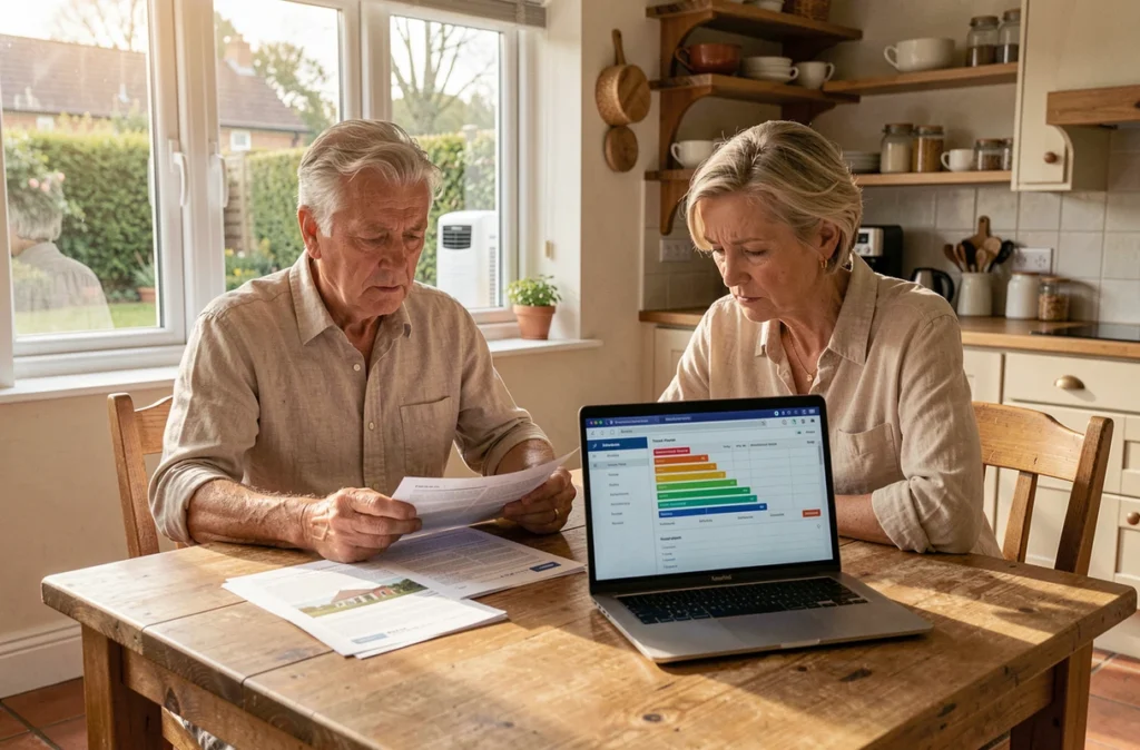 Couple de propriétaires étudiant les nouvelles normes énergétiques et les classements DPE pour l'achat ou la vente d'un bien immobilier