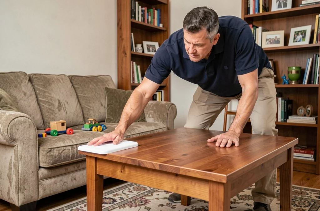 Père fixant une protection de coin sur une table basse pour sécuriser le salon familial