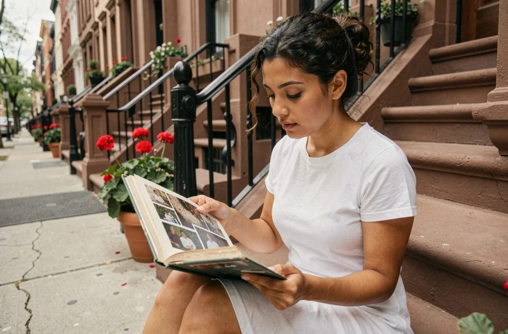 Jeune femme latina feuilletant un album de photos de famille sur le perron d'un brownstone new-yorkais, symbole des racines et de l'histoire familiale