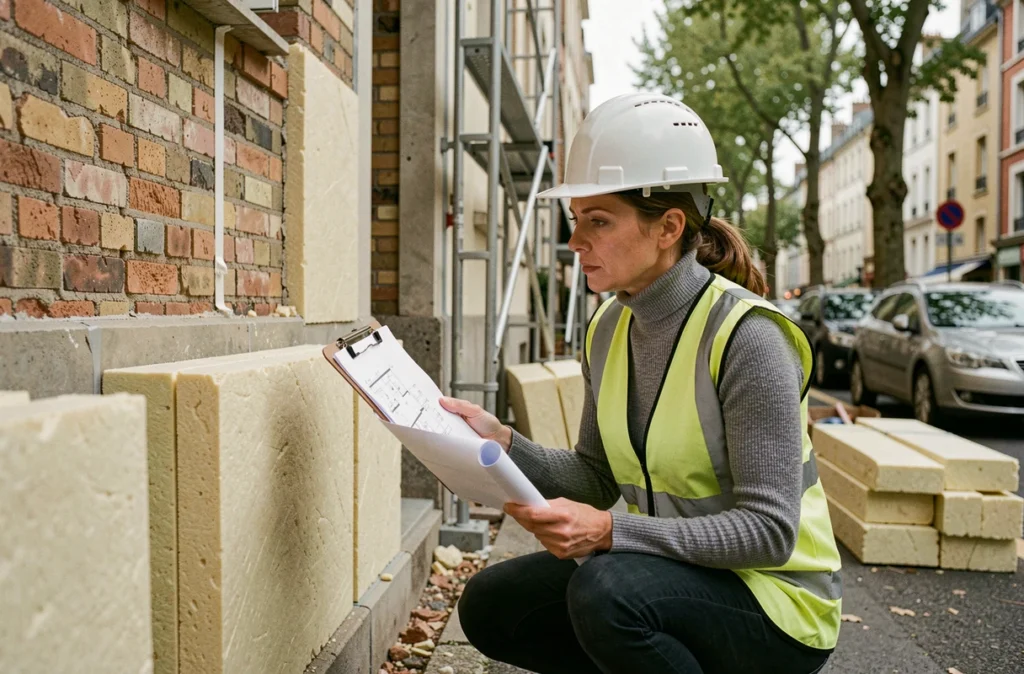 Consultante en rénovation énergétique inspectant l'isolation thermique d'un immeuble résidentiel en cours de réhabilitation selon les nouvelles normes