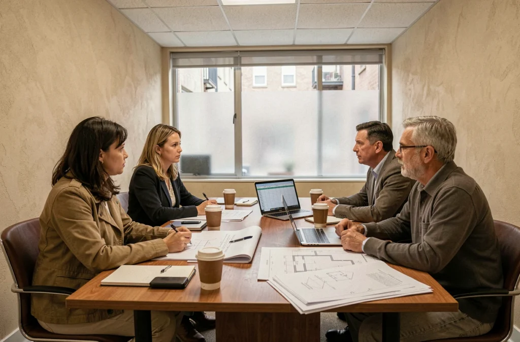 Réunion de copropriétaires autour d'une table discutant des travaux de rénovation de l'immeuble