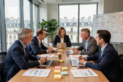 Équipe de direction d'une entreprise française réunie autour d'une table de conférence pour discuter de leur stratégie de responsabilité sociale