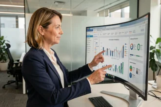 Responsable RH analysant des données d'intelligence artificielle sur un écran de bureau dans un open space moderne