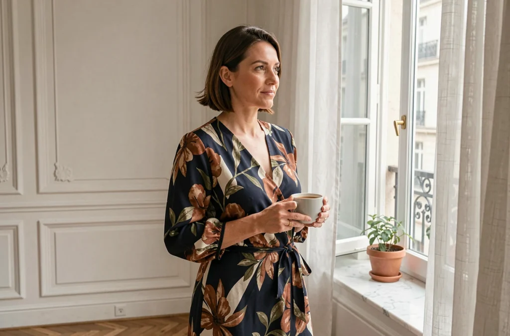 Femme en robe fluide à imprimé floral portée dans un appartement parisien au printemps