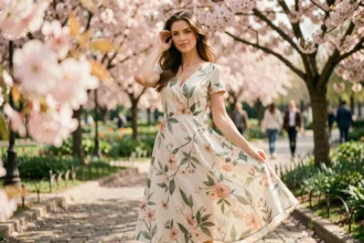 Femme portant une robe fluide à imprimé fleuri dans un jardin parisien au printemps