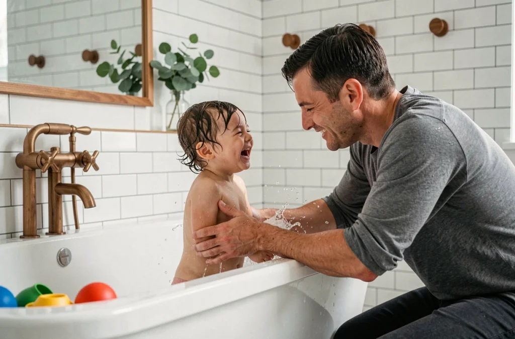 Père donnant le bain à son enfant en bas âge dans une salle de bain moderne pendant la routine du soir