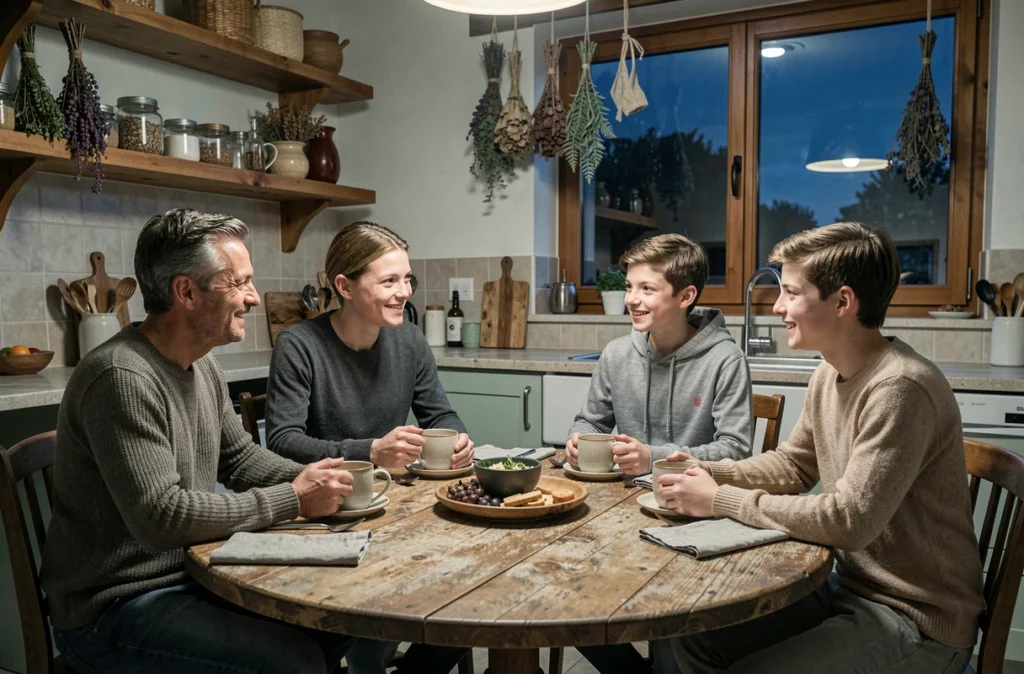 Famille réunie autour d'une table le soir pour partager un moment de calme et de connexion dans une cuisine chaleureuse