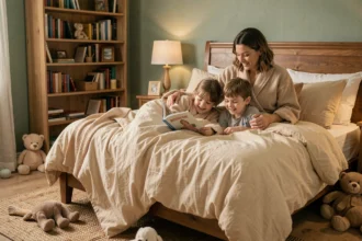 Mère lisant une histoire à ses deux enfants au coucher dans une chambre cosy et chaleureuse