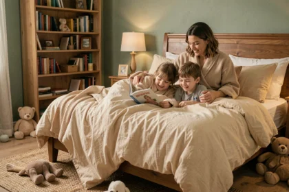 Mère lisant une histoire à ses deux enfants au coucher dans une chambre cosy et chaleureuse