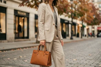 Femme tenant un sac à main structuré en cuir cognac à anses rigides dans une rue pavée parisienne en automne