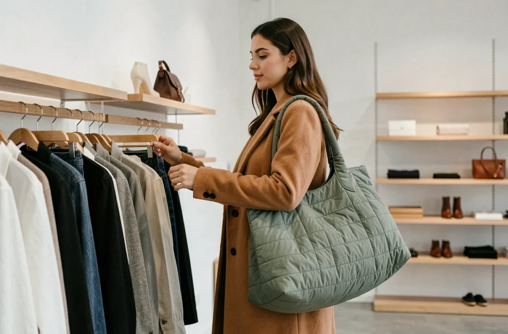 Jeune femme en boutique portant un grand sac matelassé vert sauge tendance automne-hiver dans un espace de vente minimaliste