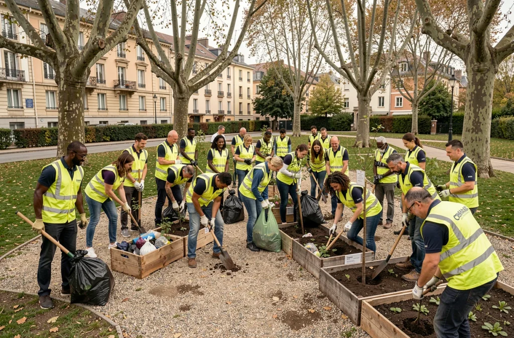 Salariés d'une entreprise française participant à une action bénévole de plantation d'arbres dans un parc urbain dans le cadre de leur programme RSE