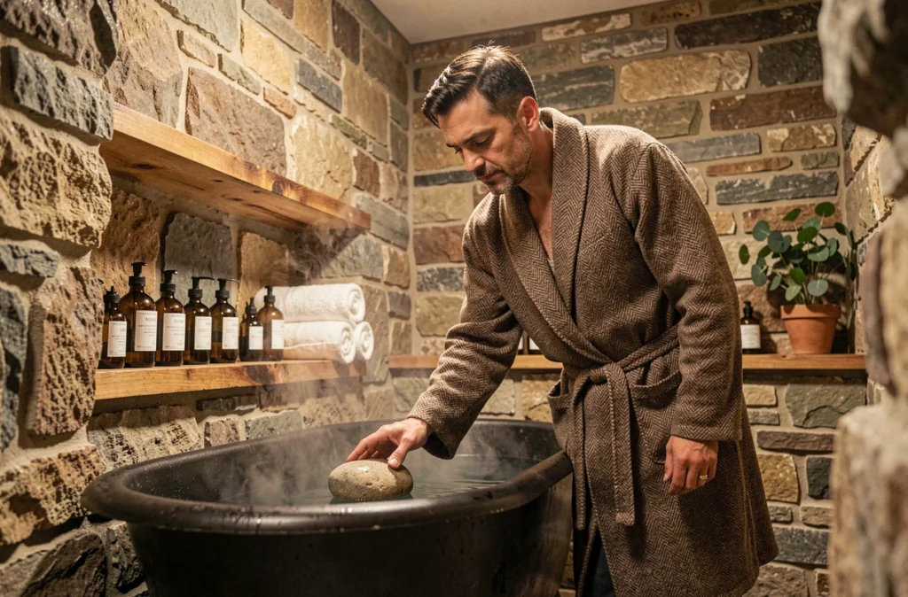 Homme en robe de chambre près d'une baignoire îlot dans une salle de bain cocooning à l'ambiance tamisée