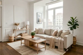 Salon moderne bien aménagé pour la vente immobilière avec canapé neutre, table basse minimaliste et parquet en bois clair