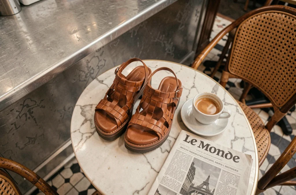 Sandales à plateforme en cuir tressé cognac posées sur une table de café parisien avec un expresso
