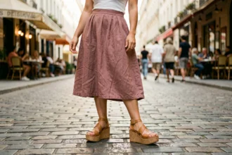 Femme portant des sandales à plateforme en liège sur une rue pavée d'une ville française en été