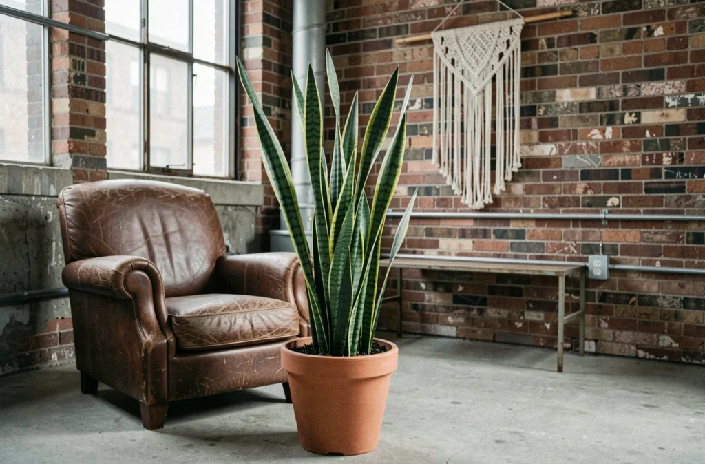 Sansevieria en pot de terre cuite posée sur un sol en béton dans un appartement loft avec mur en briques apparentes