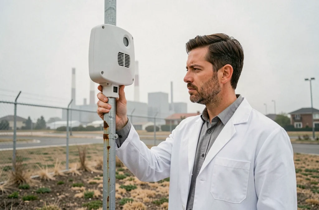 Scientifique mesurant la qualité de l'air dans une zone industrielle pour étudier les allergies respiratoires