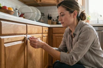 Mère installant un verrou de sécurité sur un placard de cuisine pour protéger les enfants