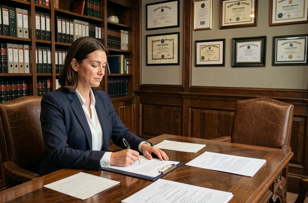 Femme signant des actes notariés lors d'une transaction immobilière dans un bureau de notaire