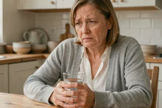 Femme de 52 ans fatiguée tenant un verre d'eau dans une cuisine, illustrant les symptômes précoces du diabète de type 2