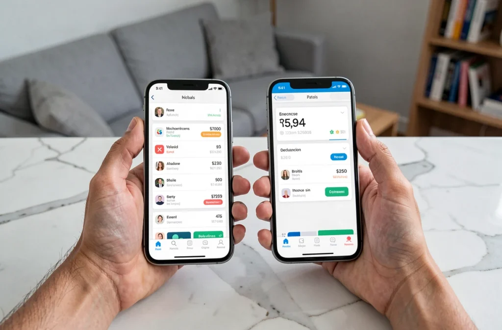 Deux mains tenant des smartphones affichant une application bancaire partagée sur un comptoir en marbre, symbolisant la gestion d'un compte joint