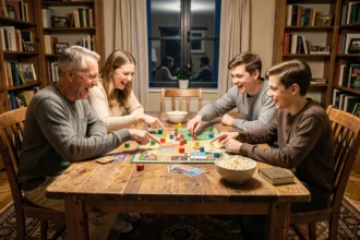 Famille réunie autour d'un jeu de société sur une table en bois rustique lors d'une soirée conviviale à la maison