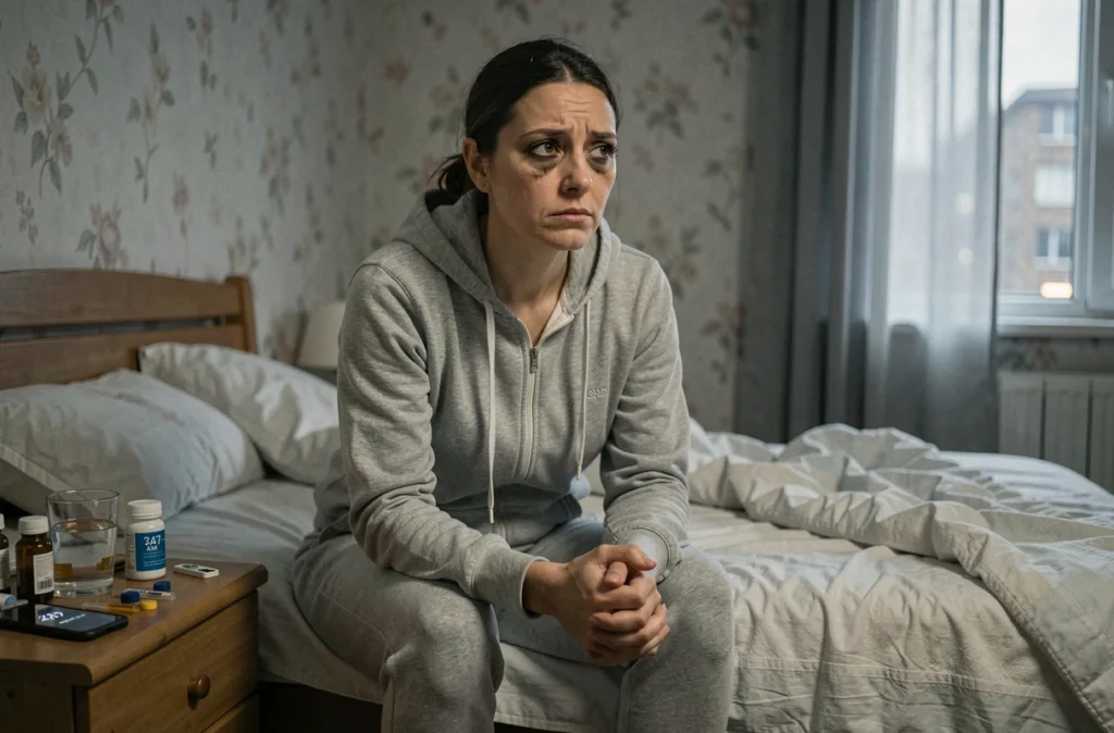 Femme épuisée assise sur son lit en pleine nuit, symbolisant les effets du stress chronique sur la santé du cœur et le sommeil