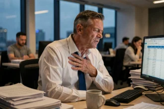 Homme d'affaires stressé tenant sa poitrine dans un bureau surchargé en soirée, illustrant l'impact du stress chronique sur le cœur