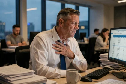 Homme d'affaires stressé tenant sa poitrine dans un bureau surchargé en soirée, illustrant l'impact du stress chronique sur le cœur