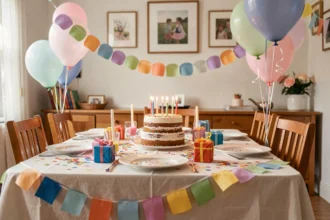 Table d'anniversaire décorée avec gâteau, ballons pastel et confettis dans une salle à manger familiale