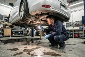 Technicien automobile inspectant le dessous d'un véhicule d'occasion lors d'un contrôle technique en garage professionnel