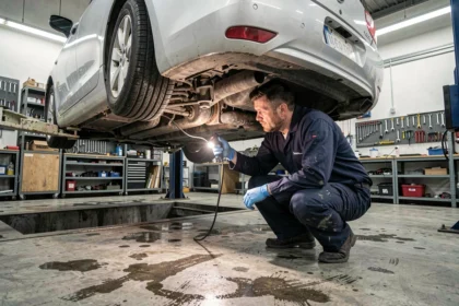 Technicien automobile inspectant le dessous d'un véhicule d'occasion lors d'un contrôle technique en garage professionnel