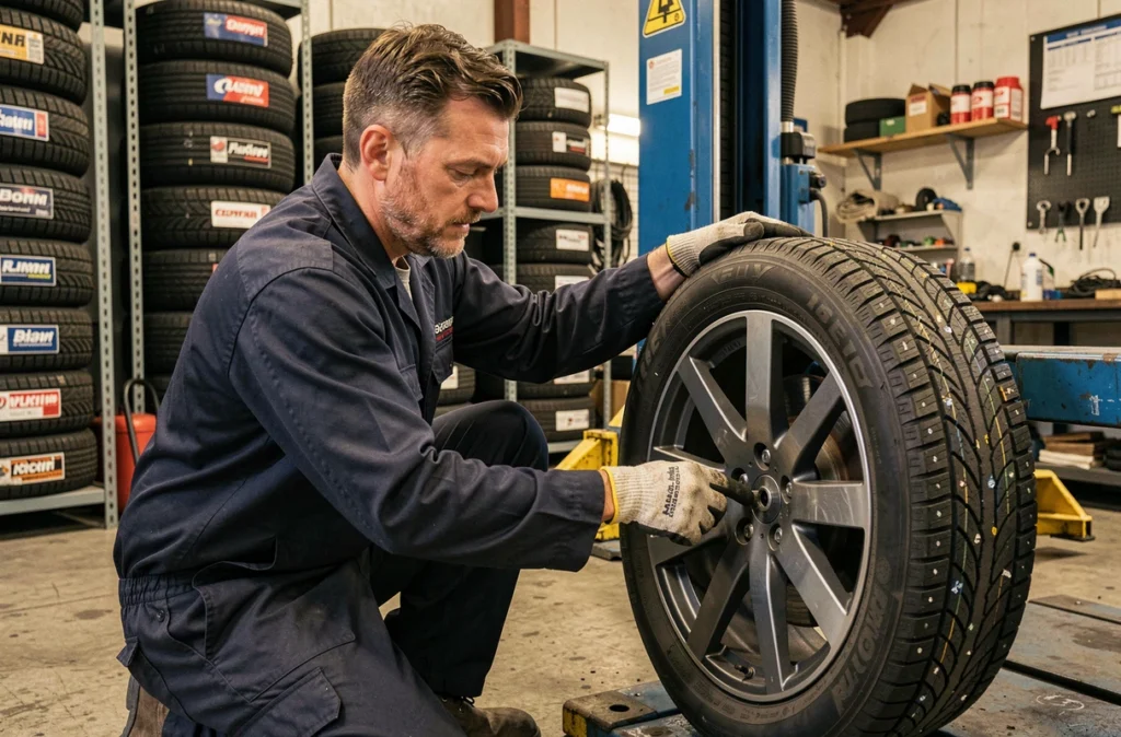 Technicien en atelier montant un pneu hiver clouté sur une jante de berline, avec un environnement de garage professionnel réaliste en arrière-plan